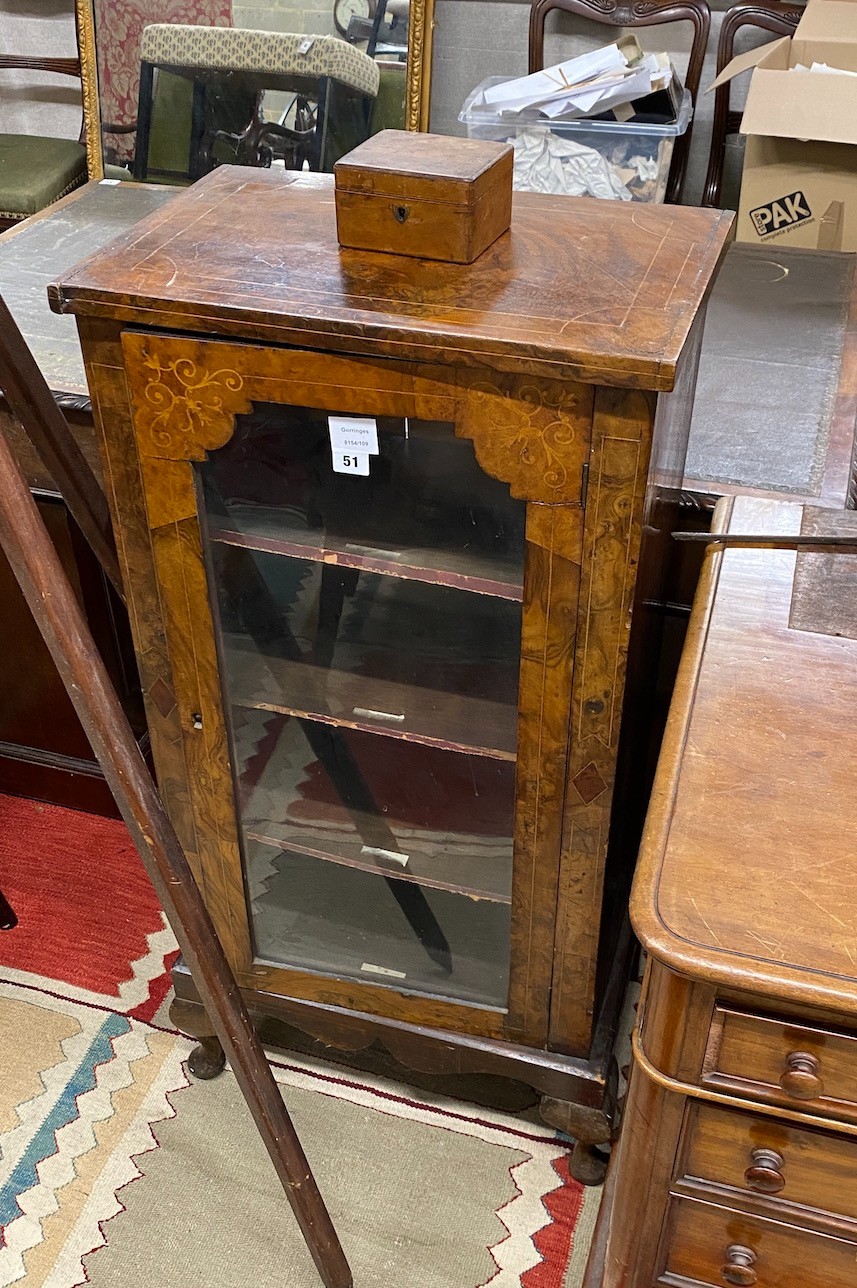A Victorian inlaid burr walnut music cabinet, raised on squab cabriole supports, width 51cm, depth 44cm, height 106cm